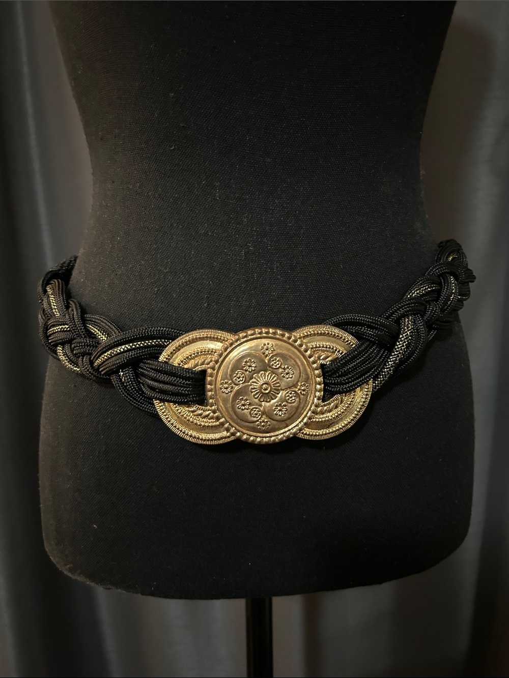 Black Braided Rope Belt with Ornate Gold Medallion